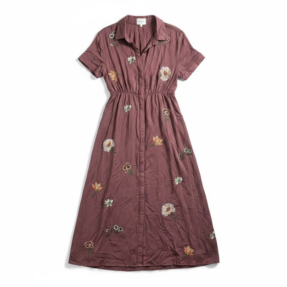 Boheme M Brown Embroidered Flower Shirt Dress Boho Cottage Western Casual